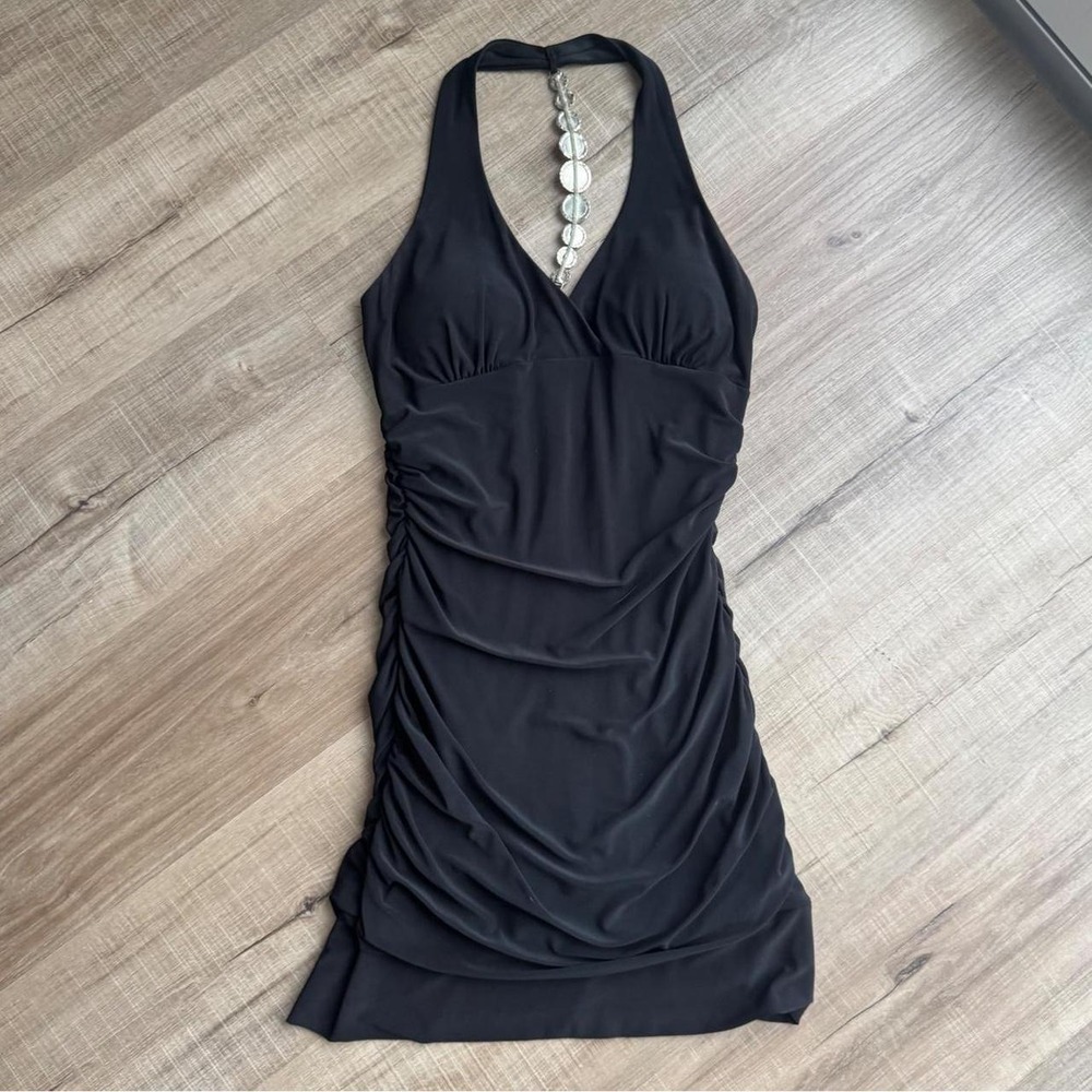 Y2K Taboo Dress Women's Size Medium Black Halter Beaded Bodycon Ruched Club LBD